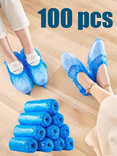 100/200/300 只装一次性鞋套，适用于清洁用品、旅行酒店、户外骑行等场合。蓝色鞋套。雨天保持鞋子干燥。防尘、防雨、耐磨加厚塑料鞋套。家用防滑雨靴，室内使用。