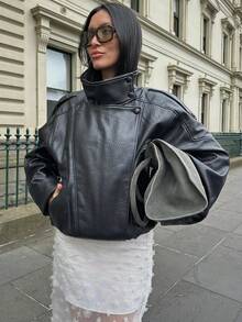 Women's Black PU Leather Jacket, Long Sleeve Zip-Up Bomber Jacket, Autumn/Winter Outerwear, Street Style - Black - View 1