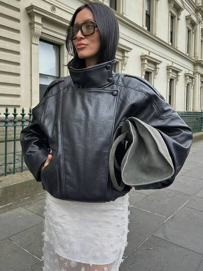 Chaqueta de mujer de piel sintética negra, chaqueta bomber con cremallera de manga larga, ropa de abrigo de otoño/invierno, estilo callejero