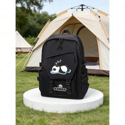 Panda Cute Cartoon Print Large Capacity Nylon Backpack With Adjustable Shoulder Straps, Multiple Compartments And Zipper Closure, Lightweight And Foldable Design, Classic Cartoon Print, Suitable For Daily Backpack, Travel Bag, Student Backpack, Commuter Bag,Large-Capacity Multi-Layer Pencil Case, Back To School Supplies School Essentials