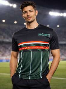 Men Mexico Letter Color Block Striped Print Short Sleeve Soccer Jersey Quick Dry Breathable Mesh Outdoor Football Training Sports Tee Tops - Black - View 5