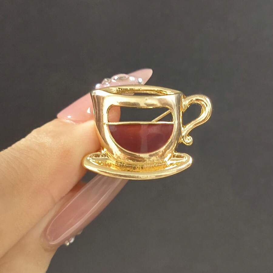 Fashionable Glossy Coffee Cup Brooch Suitable For Women's Unisex Wear, Creative Pin Badge, Casual Party Gift For Friends, Jewelry Accessory EJC9 - 金色 - 查看 1