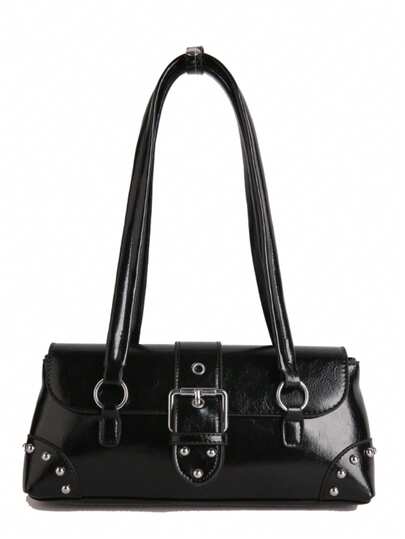 Y2K Vintage Rivet Paris Bag, Retro Faux Leather Shoulder Bag With Buckle Detail