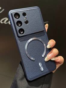Casing Ponsel Mewah Retro Tekstur Leci Magnetik Pengisian Nirkabel untuk Samsung Galaxy S26Ultra S26Plus S25Ultra S24Ultra S25 S24 Plus, Jendela Besar Pelindung Lensa Kamera, Kulit PU Anti-Jatuh Bantalan Lembut Penutup Belakang - Biru - View 3