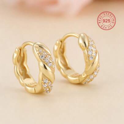 Artepollo 1 Pair 925 Sterling Silver Hypoallergenic Twisted Hoop Earrings, Inlaid With Sparkling Cubic Zirconia, Delicate And Cute, Great Birthday Gift For Friends