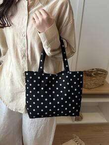 白色波点女士手提包，休闲通勤包，大容量，时尚百搭单肩包 - 黑色 - 查看 12