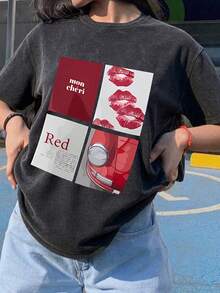 Women's Summer New Lip Pattern And Letter Print Round-Neck Short-Sleeve T-Shirt, Casual Loose Versatile Top, Stylish Daily Wear Black - Black - View 8