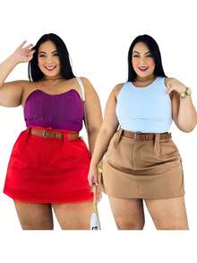 Short Skirt Plus Size Tailored With Belt Various Colors Summer - KIT 2 BEIGE/RED - View 8