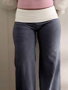 Sunshine Girl Pink Striped Straight Pants, White Ruffle Waist, Women Summer Back To School, Valentine's Day, Casual Commute Wear Spring - 藏蓝色 - 查看 8