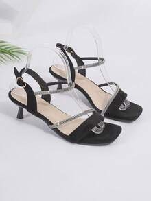 Giày sandal cao gót mini kiểu Pháp mùa hè, mũi vuông, thiết kế một quai, đa năng cho công sở và hẹn hò dành cho nữ. - Da lộn sọc kép màu đen - Xem 6