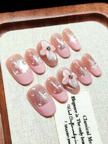按压式假指甲，手工制作，可佩戴，短椭圆形指甲款式，法式粉色渐变冰花猫眼，银色细闪，粉色法式镶边，手工3D白色雕刻，透明圆珠，闪亮钻石，温柔甜美风格，精致梦幻，可重复使用 - 粉色 - 查看 6
