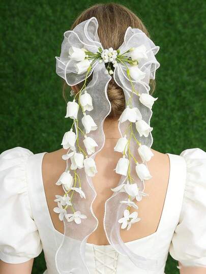 1pc Elegant Floral Mesh Hair Bows & Hair Ribbons, Bow Hair Clips For Women, Exquisite Flower Hair Accessories For Parties, Festivals