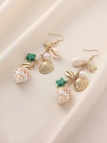 一对时尚简约小众海洋主题仿珍珠、贝壳、海星吊坠耳环，适合女性佩戴，可用于海滩、派对、聚会等场合，是馈赠亲友的完美礼物，四季皆宜，适合度假、休闲、通勤等各种场合。 - 彩色 - 查看 4