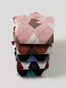 5/10 双装 女士菱形图案复古时尚舒适透气短袜 - 彩色 - 查看 4