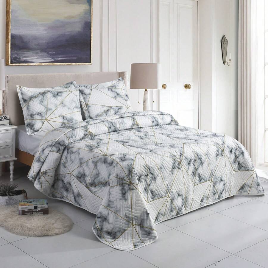 3 PCS Reversible Quilted Bedspread Set - Patchwork Floral Design With Pillow Shams Soft Microfiber Comforter For Double & King Size Beds - MILAN-110 - View 1