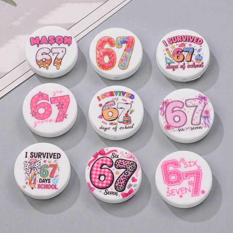 5颗学院风67印花硅胶珠，28毫米荧光粉色涂鸦图案，适合作为毕业纪念品/教师礼物/返校礼物，可用于DIY创意手链、项链、包包挂饰和其他手工项目。 - 彩色 - 查看 3