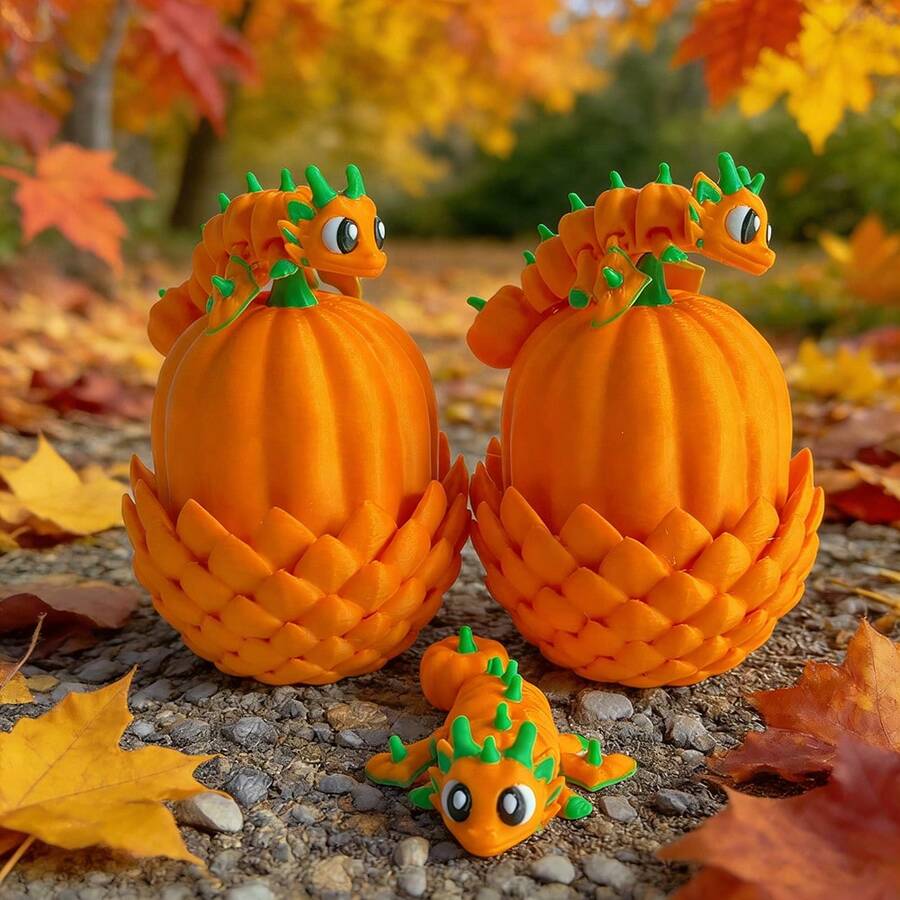 3D Imprimé Mignon Citrouille Dragon + Modèle d'Œuf de Dragon Figurine Jouet en Plastique Décoration de Bureau Sculpture Cadeau pour les Fêtes