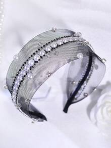 1pc Handmade Exquisite Crystal & Pearl Headband, Suitable For Summer Wedding Bridal Hairstyle, Vacation, Party, Banquet, Ball, Holiday Events - Black - View 4