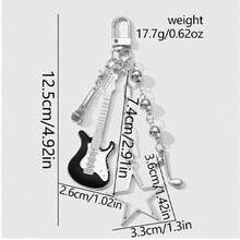 1pc Y2K Retro Cool Silver Headphone, Cassette Tape, Music Note Keychain; 1pc Silver Star Guitar, Microphone Keychain; 1pc Silver Heart Guitar, Pearl Tuba Keychain; 1pc Black & White Piano Key, Guitar, Music Note Pendant Keychain - Multicolor - View 11
