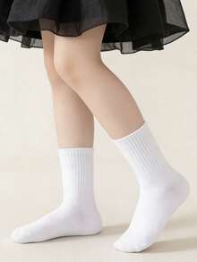 10 Pairs Kids & Youth Student Socks, Daily Casual Socks, Soccer Sports Mid-Calf Socks - White - View 4