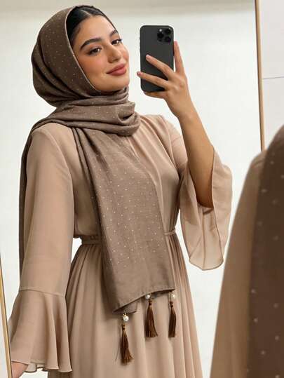 Rose & Tulip Embroidered Scarf, Satin Luxurious Hijab, Versatile Abaya Accessory, Shiny Lightweight Breathable Headscarf, Ideal For Photos, Limited Edition Solid Color Tassel Scarf, Satin Luxurious Headscarf, Essential For Gatherings And Dates, Beach, Holiday