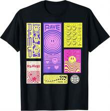 Smile Face Rave On Acid House Pattern T-Shirt - Black - View 1