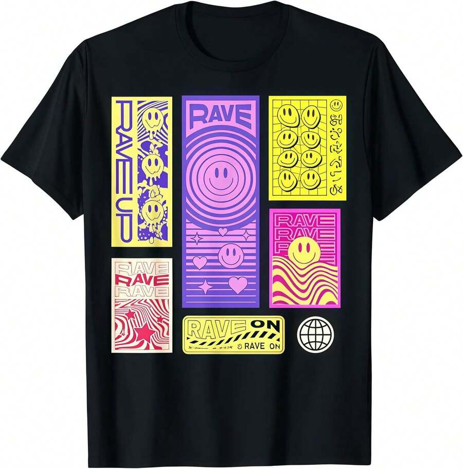 Smile Face Rave On Acid House Pattern T-Shirt - Black - View 1