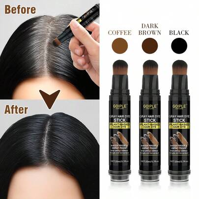 Goiple 1pc/3pcs Grey Hair Dye Stick, Temporary Hair Color Stick, Liquid Hair Dye Pen, 20ml/0.7oz, Waterproof & Sweat-Resistant Washable Hair Dye Stick, Instantly Cover White Hair Roots, Natural Look, Long-Lasting Root Repair, Suitable For Daily Styling, 3pcs Set Includes Hair Dye Pen, Multi-Function Edge Control Brush And Multi-Function Eyebrow Brush