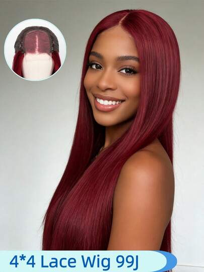 Free Part Colored Burgundy Lace Front Wigs Human Hair 99j Lace Wig 4x4 Straight Human Hair Wigs Pre Plucked Hairline 180 Density Wine Red Color 30 Inch