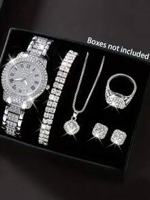 6件套优雅奢华女士石英表，女士奢华全钻银表配饰套装，包括银色全钻罗马数字石英表、全钻链手链、项链、耳环和戒指。 - 銀色 - 查看 1