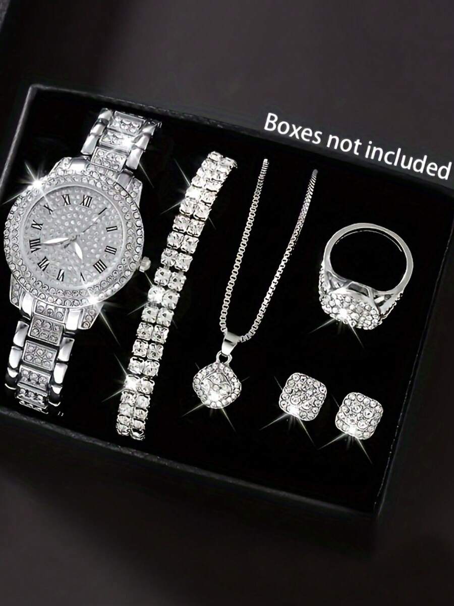 6件套优雅奢华女士石英表，女士奢华全钻银表配饰套装，包括银色全钻罗马数字石英表、全钻链手链、项链、耳环和戒指。 - 銀色 - 查看 1
