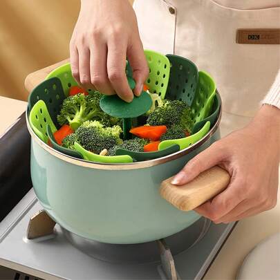 Cesta de vapor plegable de silicona - Diseñada con orificios de drenaje rápido, plegable para ahorrar espacio, adecuada para ollas de vapor, utensilios de cocina y sartenes - Herramienta de cocina con drenaje eficiente y almacenamiento fácil