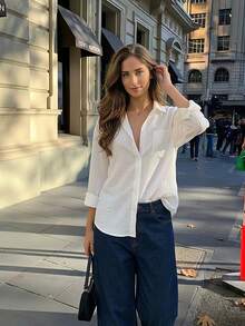 Camisa holgada de lino de unicolor blanco versátil y casual para primavera - Blanco - Ver 2