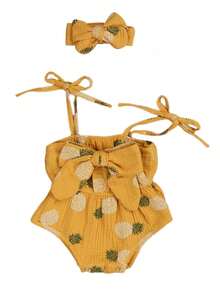 Conjunto de verano para bebé de 2 piezas, pelele con tirantes finos estampado de piña/lunares y diadema con lazo para niñas pequeñas - Amarillo - Ver 1