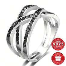 1pc S925 Sterling Silver Ring, Black Synthetic Zirconia Line Ring, Suitable For Daily And Business Occasions, Comes With Gift Box - Silver - View 8
