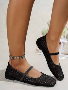 夏季新款弹力带网眼镂空女式平底鞋，时尚透气玛丽珍芭蕾舞鞋，休闲日常通勤一脚蹬平底鞋，适合夏季度假 - 黑色 - 查看 4