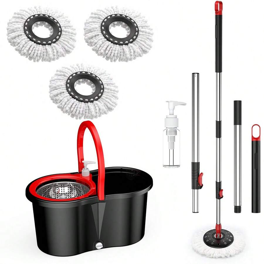Spin Mop Bucket With Wringer Set, Operable 360 ° Rotating Mop Bucket Set, With 3 Microfiber Replacement Head ,Stainless Steel Mop Bucket 61 Inch Adjustable Handle Household Cleaning Tools Black Plastic - TB-02 - View 1
