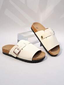 Minimalist Korean Style One-Strap Slide Sandals, Off-White Soft Cork Sole, Versatile Summer Shoes (Sole/Insole Color Random) - Beige - View 1
