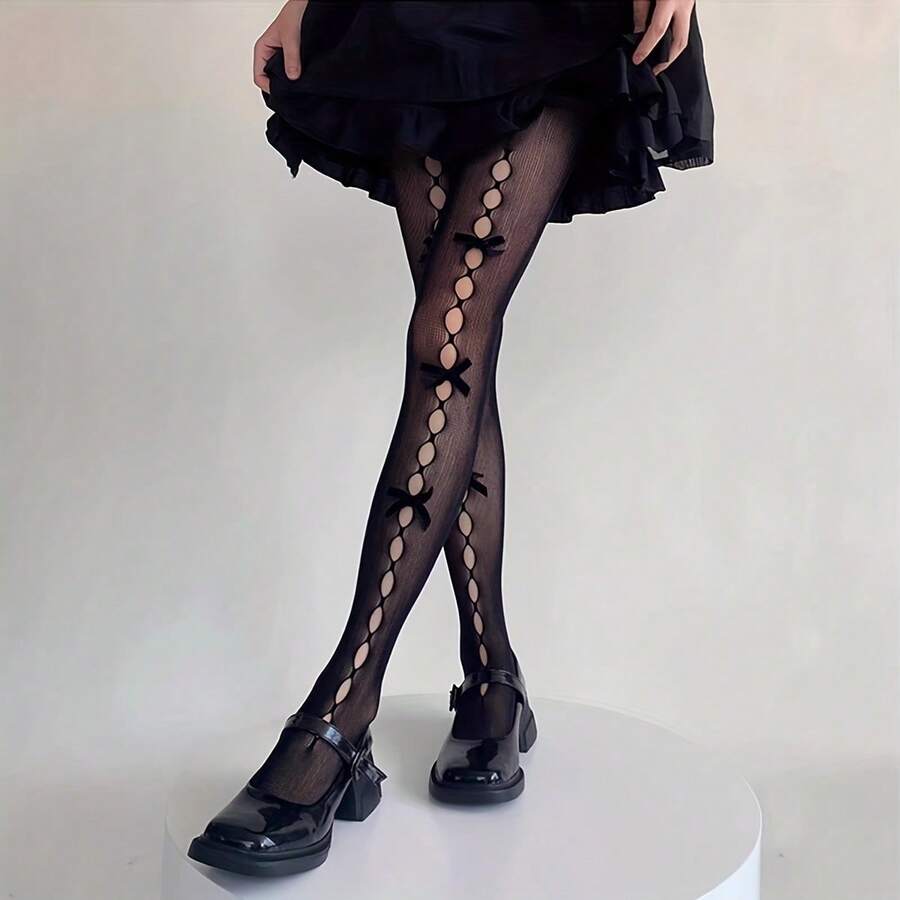 1 Pair Women's Sheer Bow Mesh Pantyhose, Bowknot Decors Hole Mesh Stockings Sexy See-Through Fishnet Pantyhose High Waist Hollow Out Tights - 1 雙黑色 - 查看 1