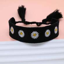 1pc Handmade Embroidered Chrysanthemum Tassel Bohemian Style Woven Bracelet, Vintage Charm, Suitable For Family, Friends, Students, Holiday Gifts, Parties, Traveling - Black - View 5