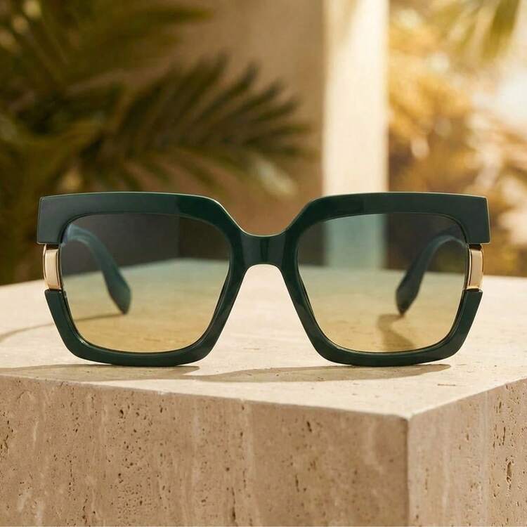 1副橄榄绿镜框金色镶边渐变方形时尚眼镜，女士时尚眼镜，适合街头、拍照、海滩度假等场合。 - 彩色 - 查看 2