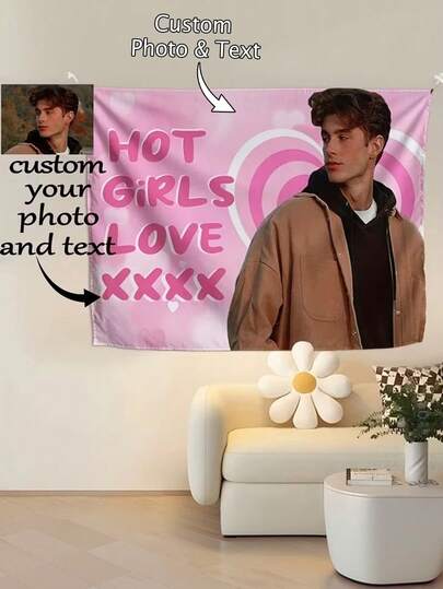1pc Customized Photo + Text Tapestry, Personalized Portrait + Custom Text Printed Polyester Decorative Hanging Cloth, Fan Support / Couple Commemorative Tapestry, Living Room Bedroom Dorm Home Decor / Room Decor / Party Decor Wall Hanging