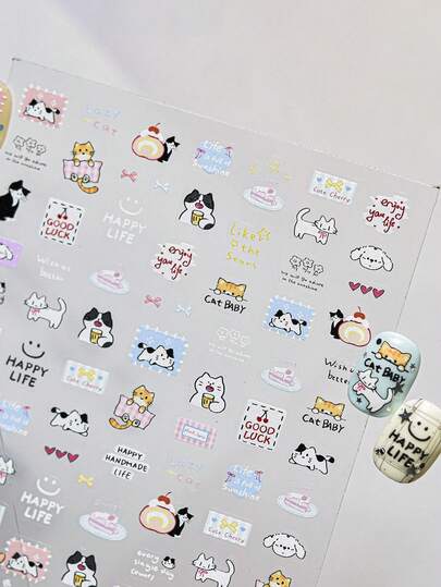 1PC 5D Thin And Tough Nail Stickers, Gentle Cat Label Nail Stickers, Cute Cartoon Nail Accessories, DIY Self-Adhesive Nail Stickers, Durable And Easy To Stick Nail Stickers, Suitable For Women And Girls' Nail Products