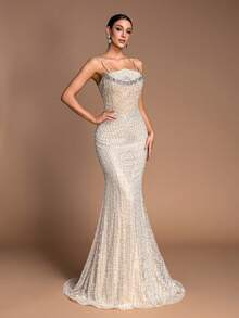 优雅闪亮手工串珠美人鱼晚礼服 - 性感吊带薄纱舞会婚纱 - 香檳色 - 查看 6