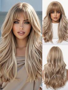 20英寸渐变金色波浪层次假发，带整齐的空气刘海，采用柔软自然的耐热合成纤维制成，适合日常佩戴、派对、角色扮演、万圣节和摄影。 - 漸變金色 - 查看 7