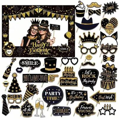 36pcs Birthday Party Decorations Photography Props, Black & Gold Glitter Photography Props Set, Suitable For Men & Women Birthday Party Favors, Photo Shoot Props, Fun Birthday Glitter Decor