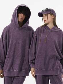 1 Piece Washed Cotton Sweatshirt Mans Clothing For Winter Spring Gift For Husband With Front Pocket NON PRINTED Hoodies, Solid Color Long Sleeves - Purple - View 7