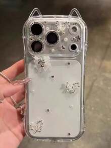 1pc Y2K Transparent Glitter Diamond Bow Phone Case, Suitable For IPhone 17 Pro Max 17 Pro Air 16 15 14 13 12 11 Pro Max Plus X XS XR 8 7, With Cartoon Cat Pendant, Soft Silicone Material - White Bow - View 1