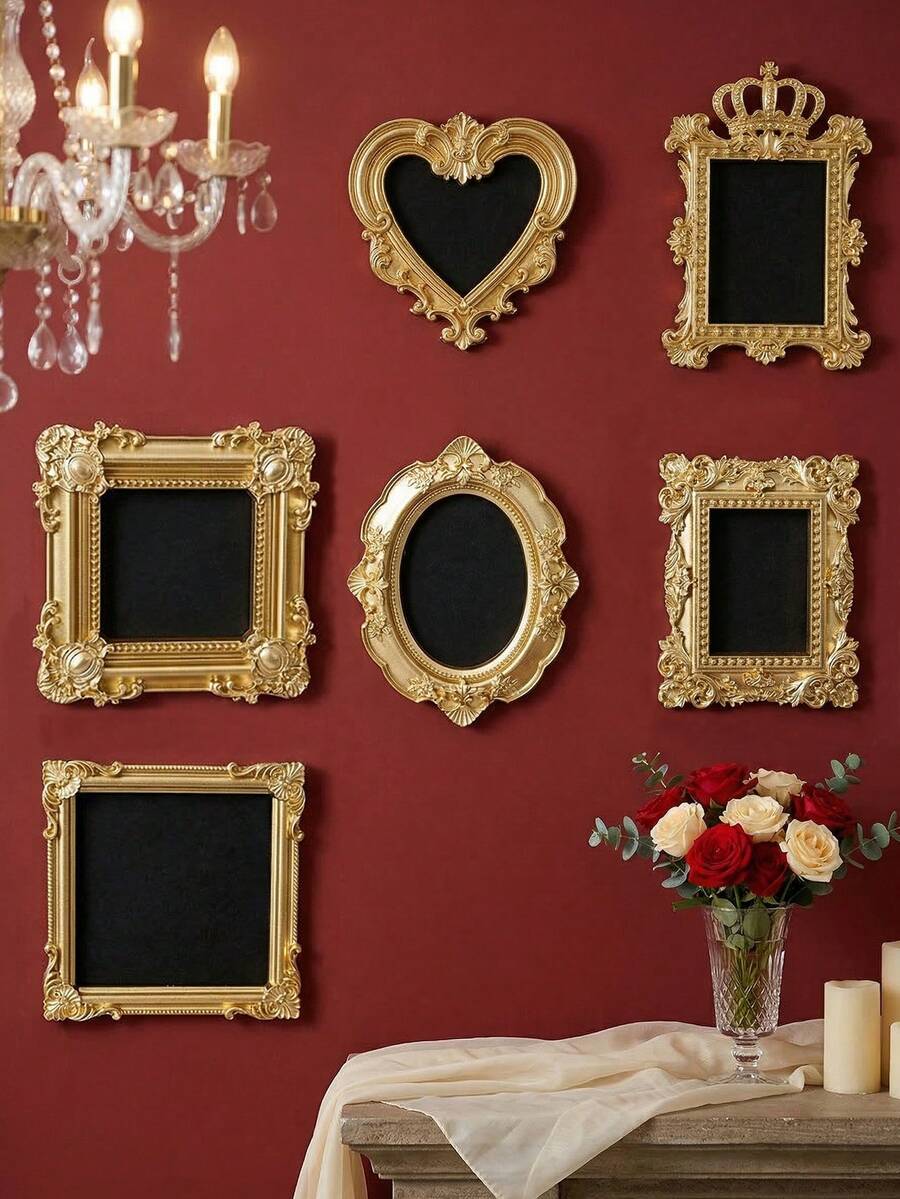 6pcs European Style Resin Gold Embossed Floral Decor Hanging Accessories Set, DIY Wall Decor, Home Photo Frame, Suitable For Holiday, Birthday, Party, Wedding Scenes, Photography Props, Miniature House Decoration
