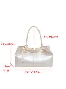 1pc White Strap Decor Large Capacity PU Patchwork Tote Bag, Women Shoulder Bag - White - View 7